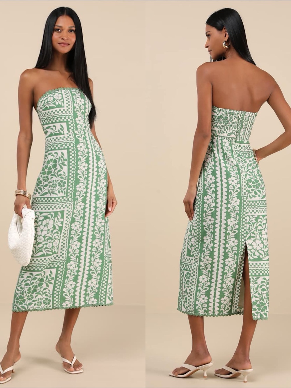 Lulu's Strapless Green and White Printed Midi Dress
